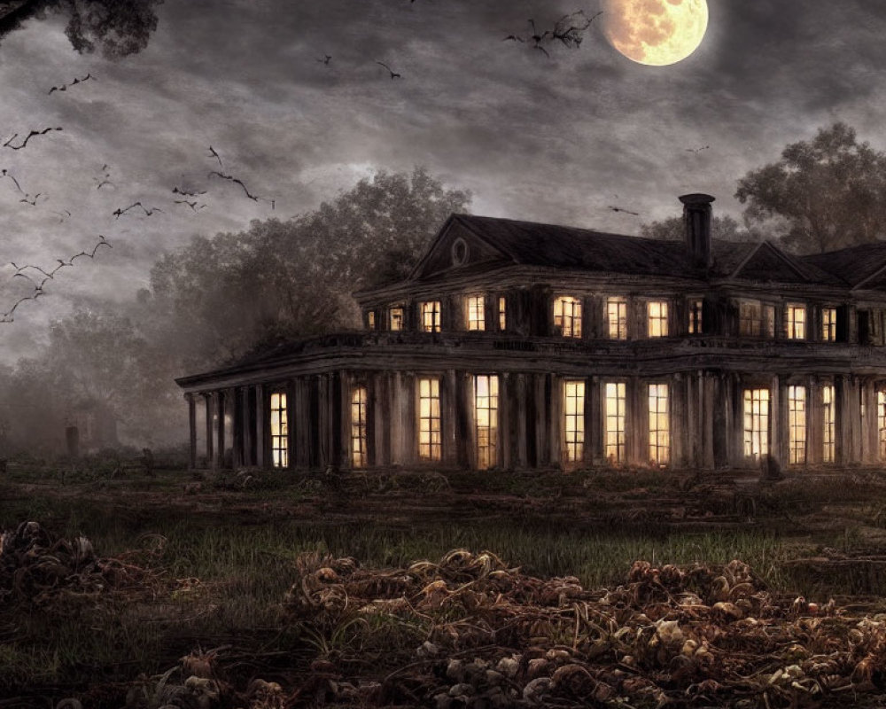 Desolate mansion under full moon with flying bird silhouettes