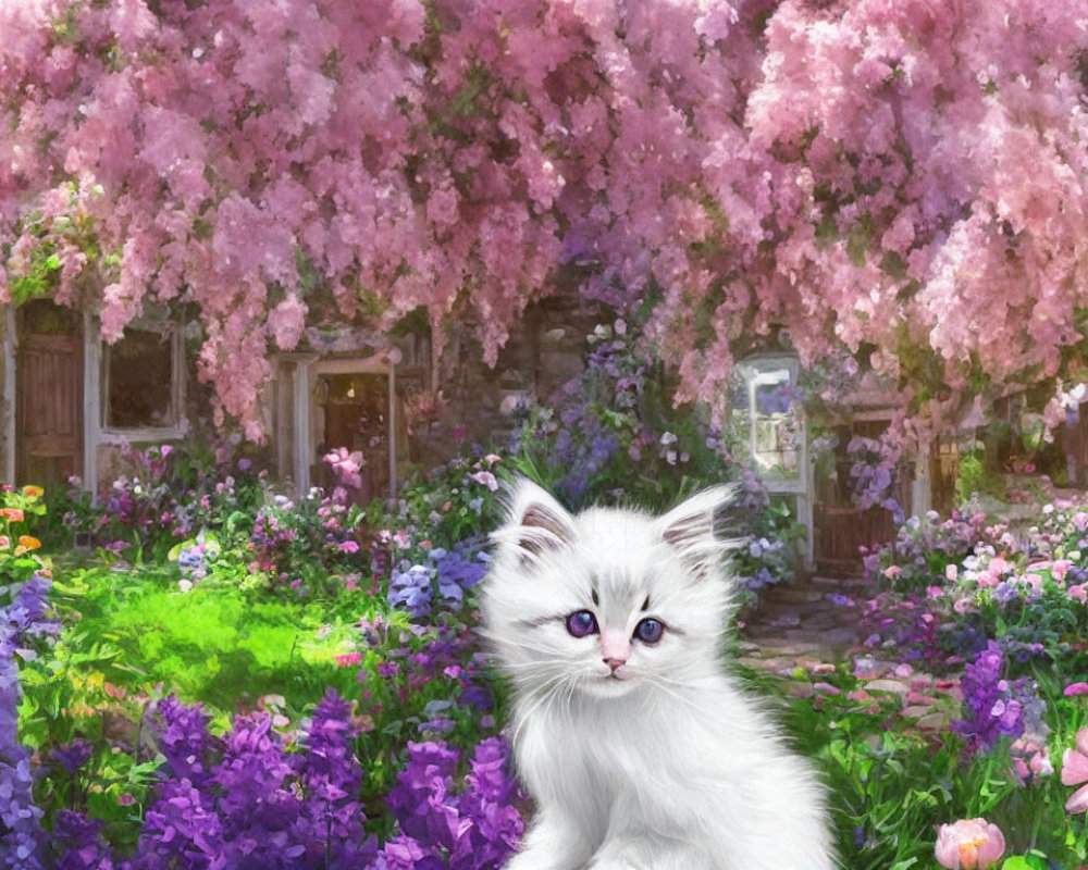 White Kitten with Blue Eyes Surrounded by Flowers and Cottage