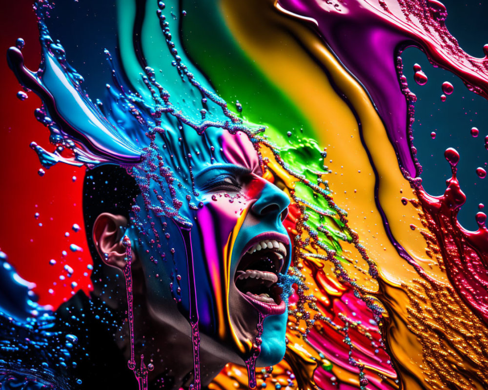 Colorful liquid splashes on a face create vibrant rainbow palette art