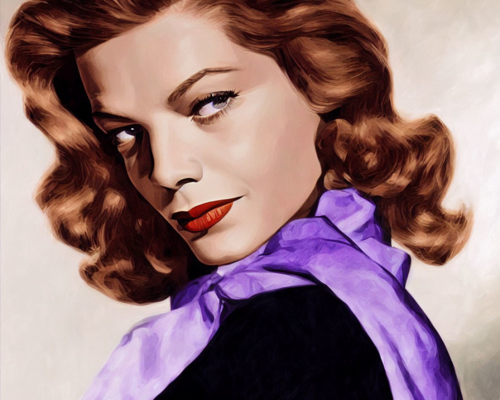 Woman with Wavy Hair and Red Lipstick in Purple Scarf Portrait