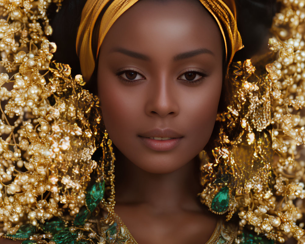 Woman adorned in golden headwrap and jewelry on dark backdrop