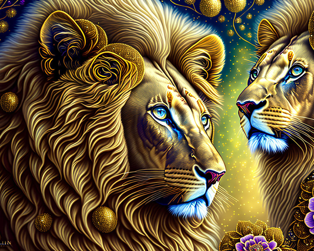 Stylized lions with blue eyes and golden manes in fantasy illustration