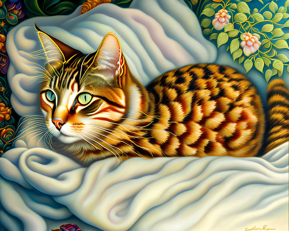 Colorful Cat Illustration on Floral Fabric Background