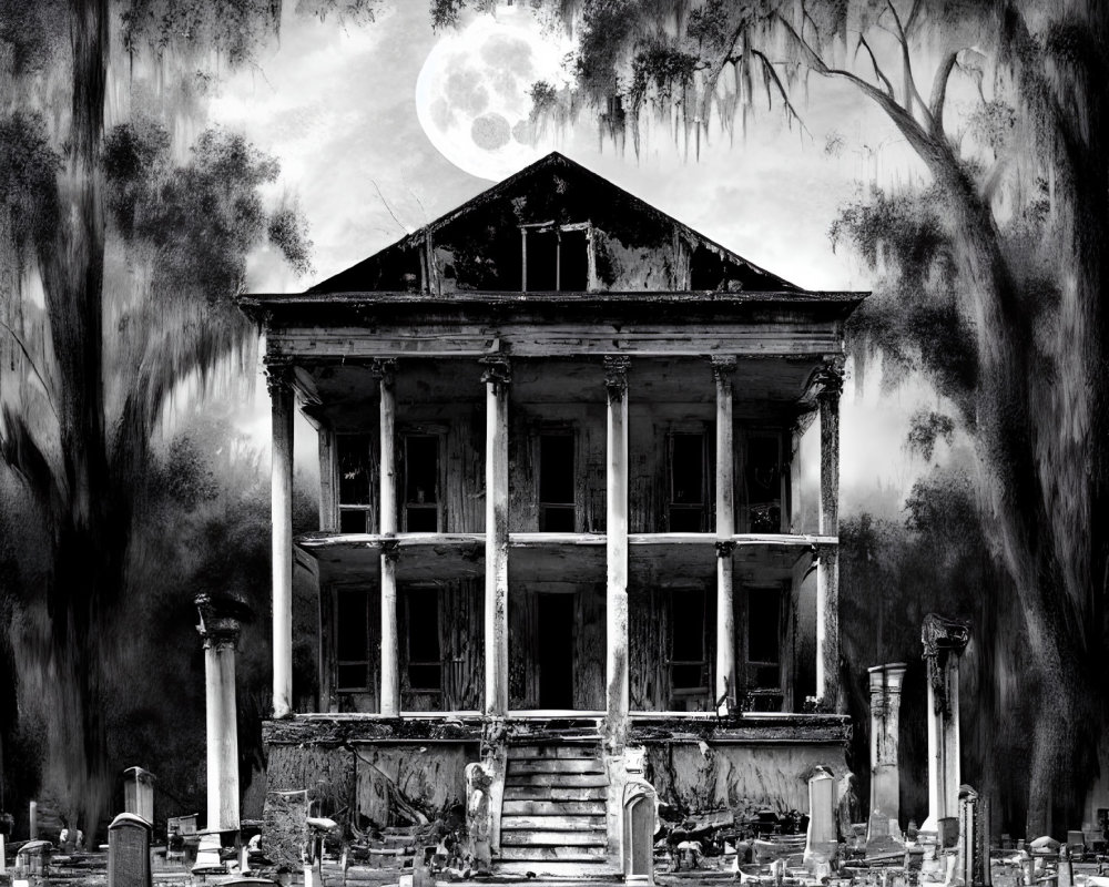 Abandoned Gothic-style mansion in graveyard under full moon