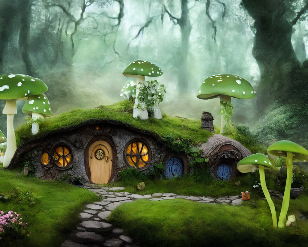 Enchanting forest scene with hobbit-like house and colorful mushrooms