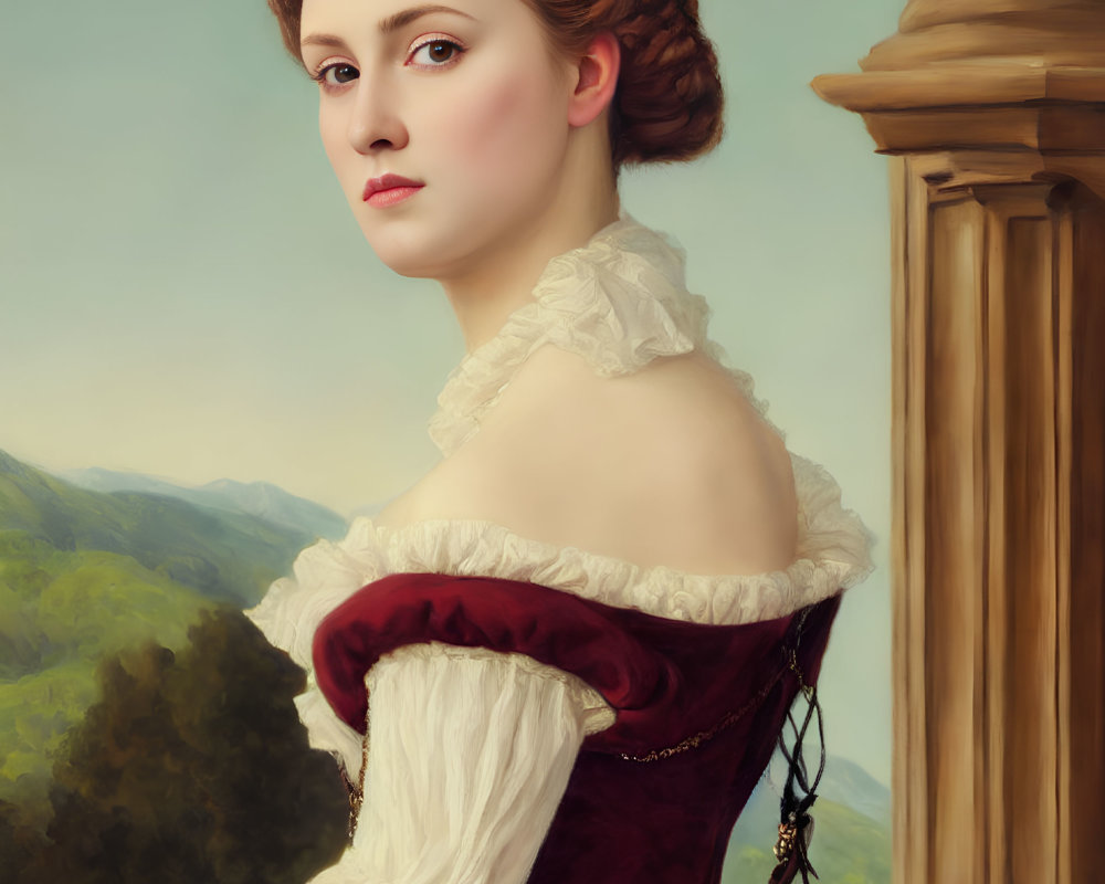 Victorian-style portrait of a woman in burgundy dress with updo hairstyle
