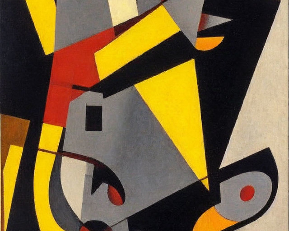 Abstract Geometric Painting in Black, Red, Yellow, Grey, and Beige