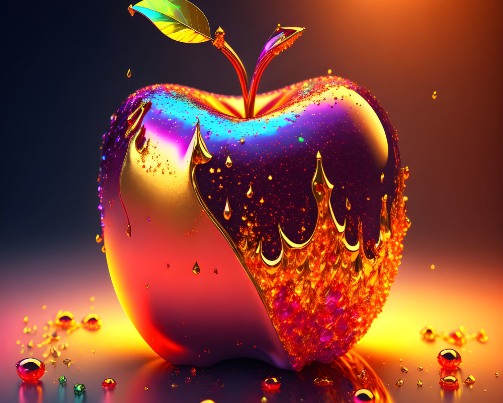 Colorful digital artwork of glossy apple with rainbow surface and golden droplets on warm backdrop