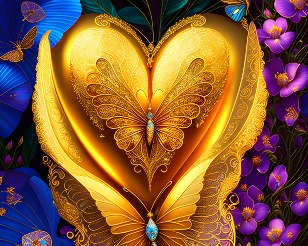 Golden Butterfly with Jeweled Heart Surrounded by Blue Butterflies and Purple Flowers