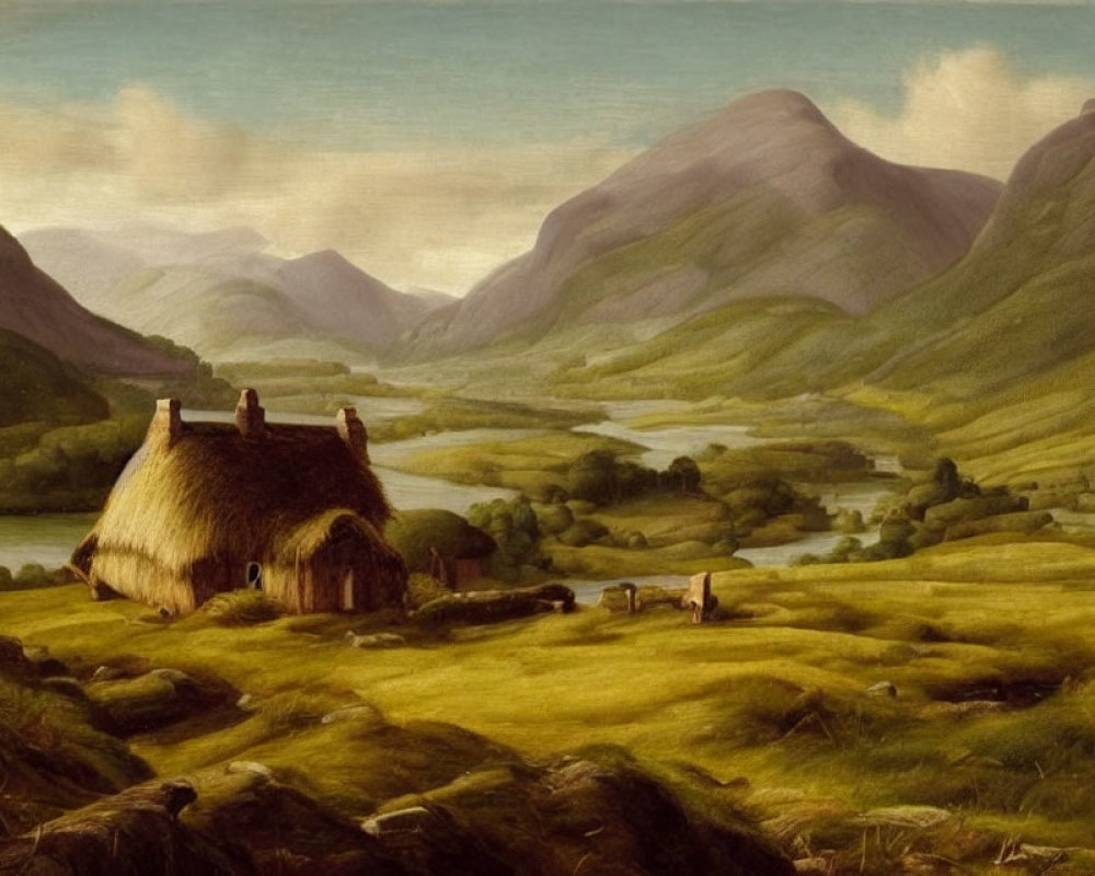 Tranquil landscape with thatched cottage, rolling hills, river, and mountains