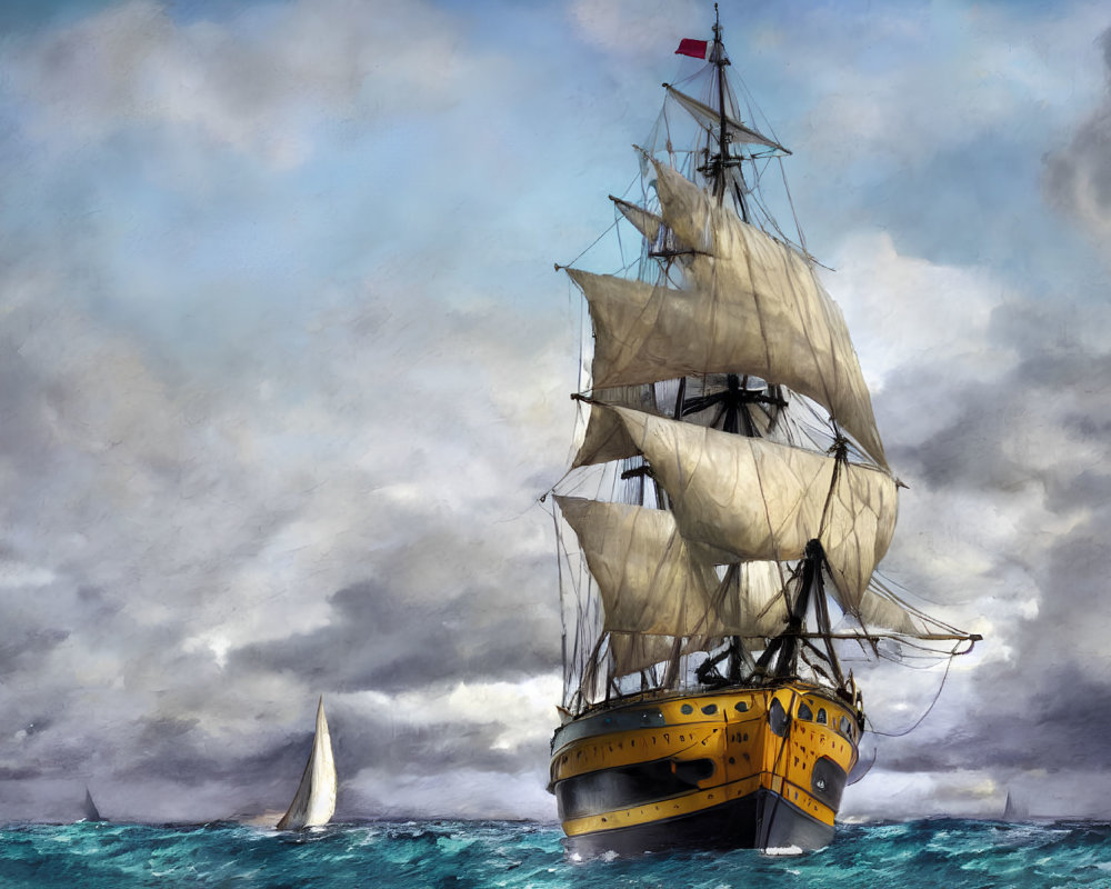 Majestic tall ship with full sails navigating turbulent seas