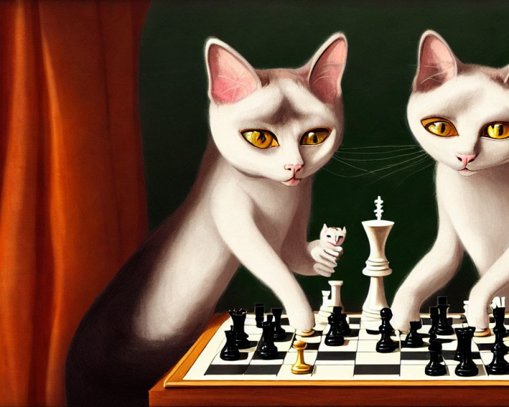 Anthropomorphic white cats with striking eyes at chessboard