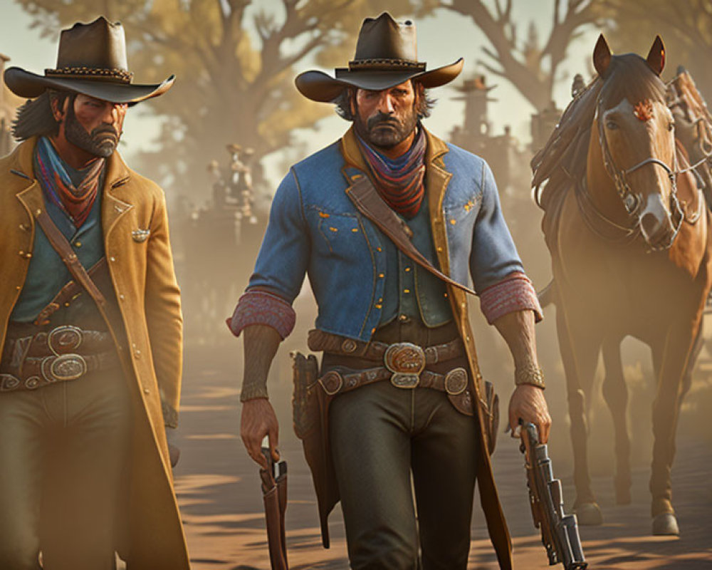 Two cowboys with hats and guns in Wild West setting with horse and dusty backdrop.