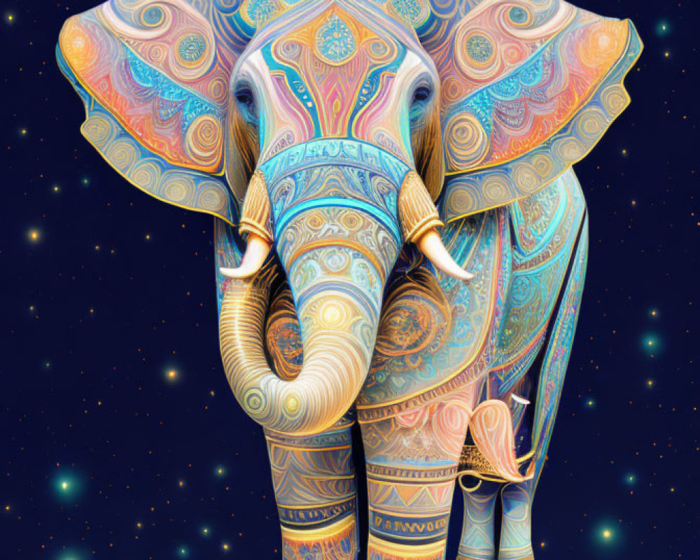Colorful Elephant Illustration with Intricate Patterns on Starry Night Background