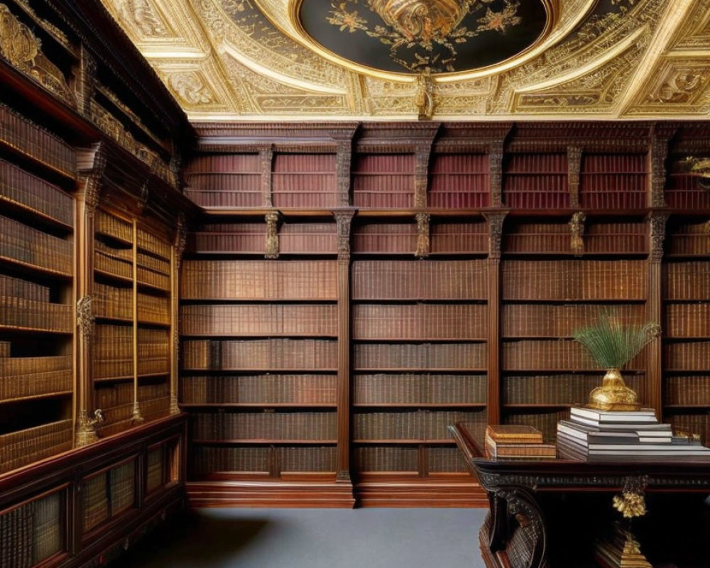 Sophisticated library room with wooden shelves, golden ceiling fresco, classic desk, and books.