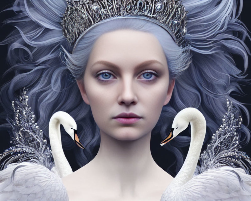 Fantasy portrait of woman with pale skin, blue eyes, crown, two white swans, dark