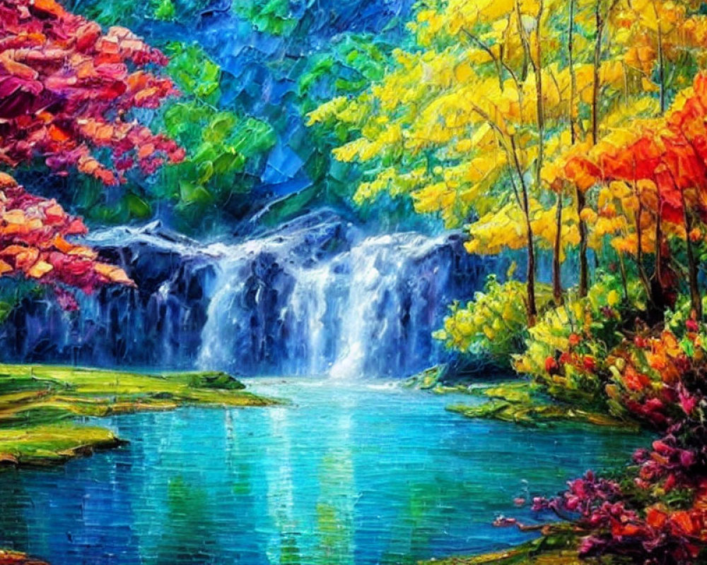 Autumn-themed waterfall painting with colorful trees and serene blue pond