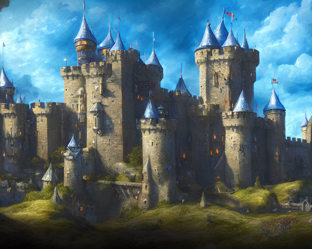 Medieval castle with spires and towers under warm light against blue skies
