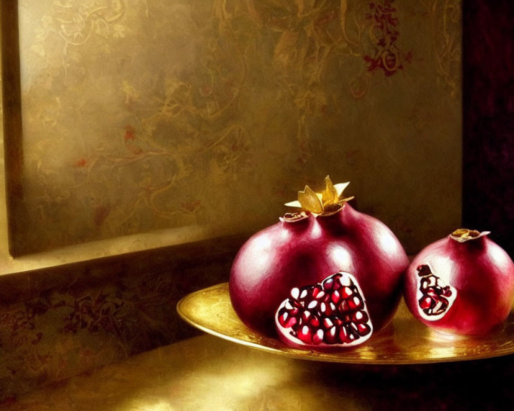 Ripe pomegranates on golden plate against textured background