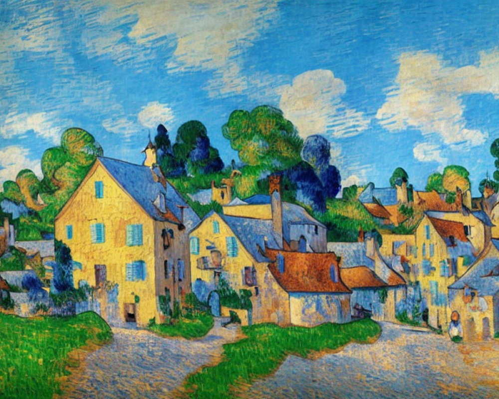 Colorful village scene with yellow houses and cobblestone paths in post-impressionistic style