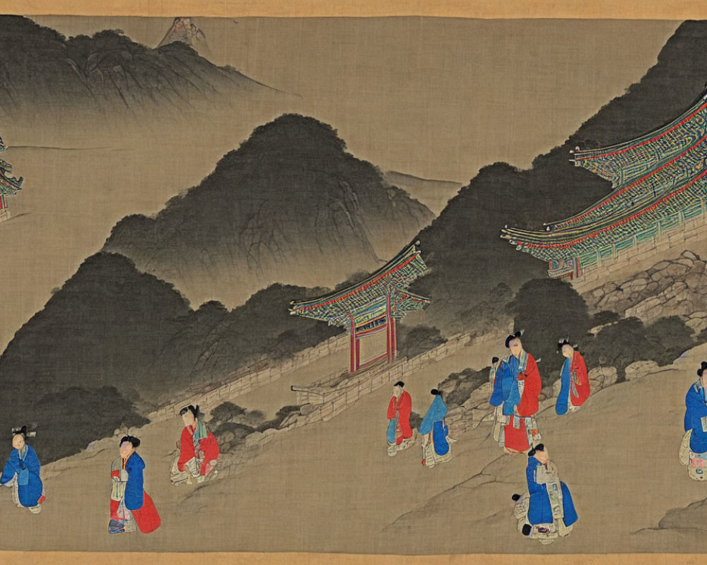 Traditional East Asian Landscape Painting with Mountains, Pagodas, and Historical Figures