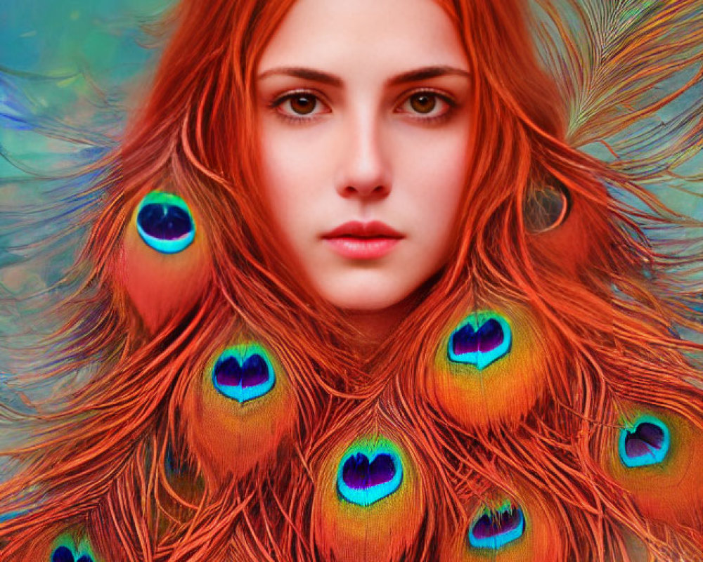 Striking red-haired woman blends with vibrant peacock feathers