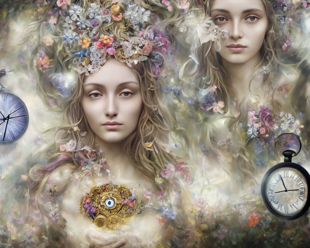 Surreal portrait of woman with floral headpiece and pocket watches