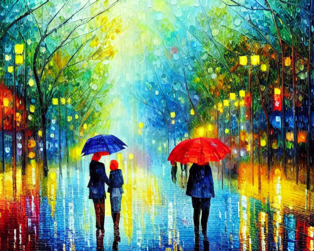 Two individuals with umbrellas walking on a colorful, rain-soaked street at night.
