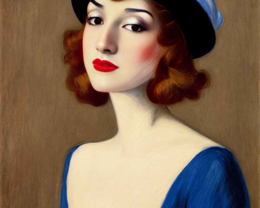 Vintage-style woman portrait with red lips, rosy cheeks, and curly hair
