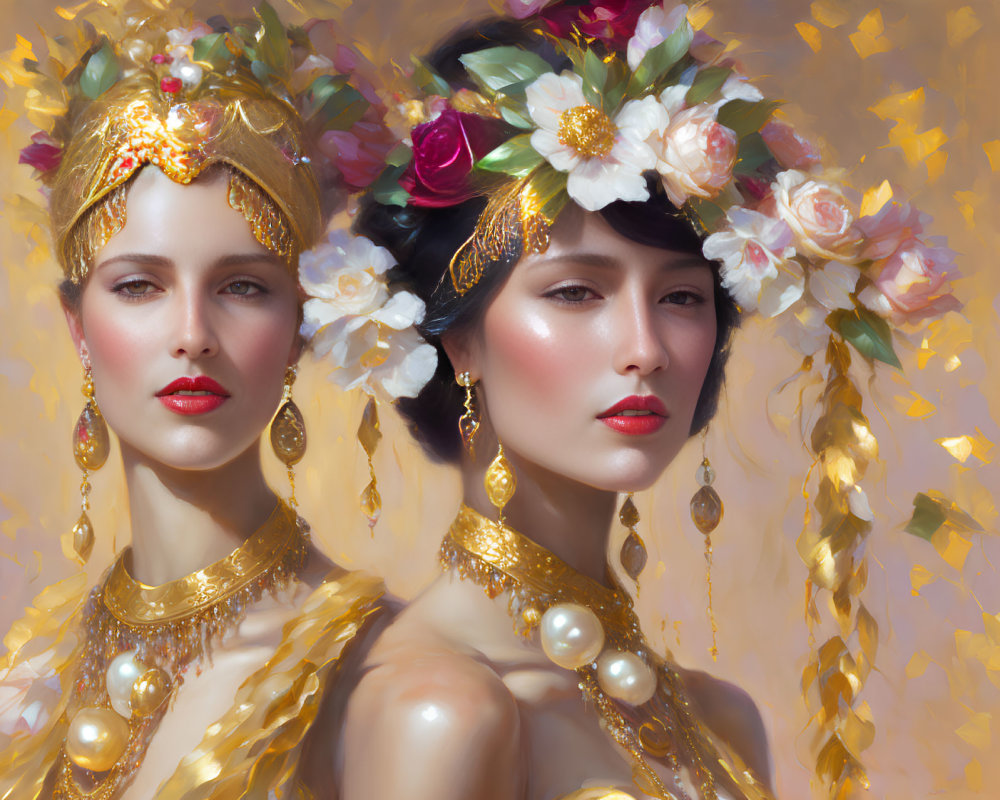Women in elaborate floral headdresses and gold jewelry on golden bokeh background
