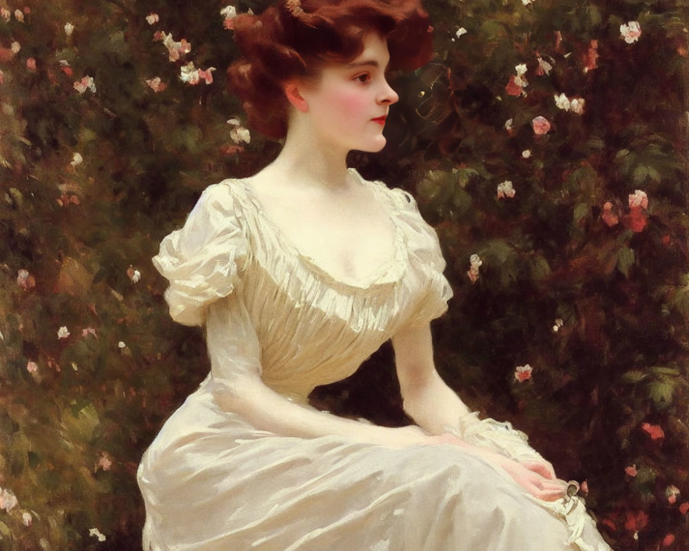 Victorian-era woman in cream off-shoulder dress against floral backdrop