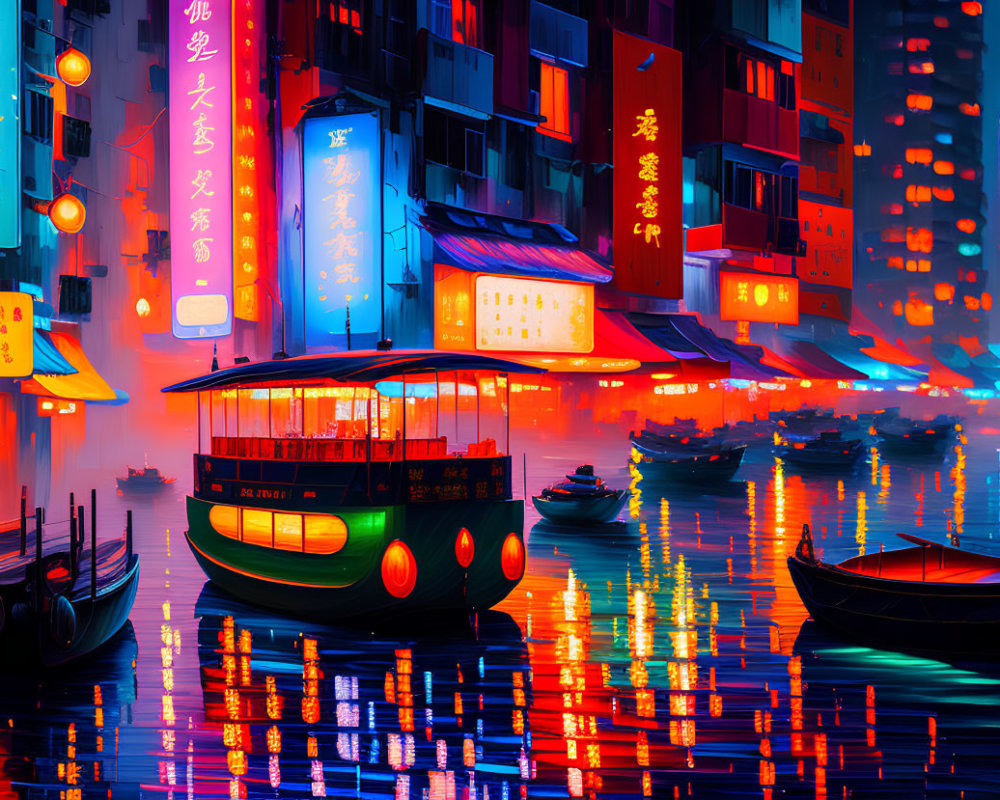 Neon-lit scene with traditional boats and Chinese lanterns on water