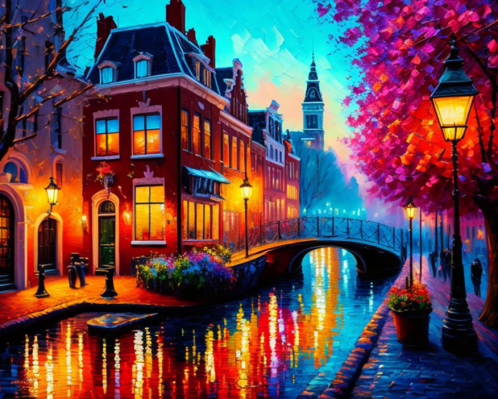 City canal painting at twilight with illuminated buildings, bridge, and cobblestone path.