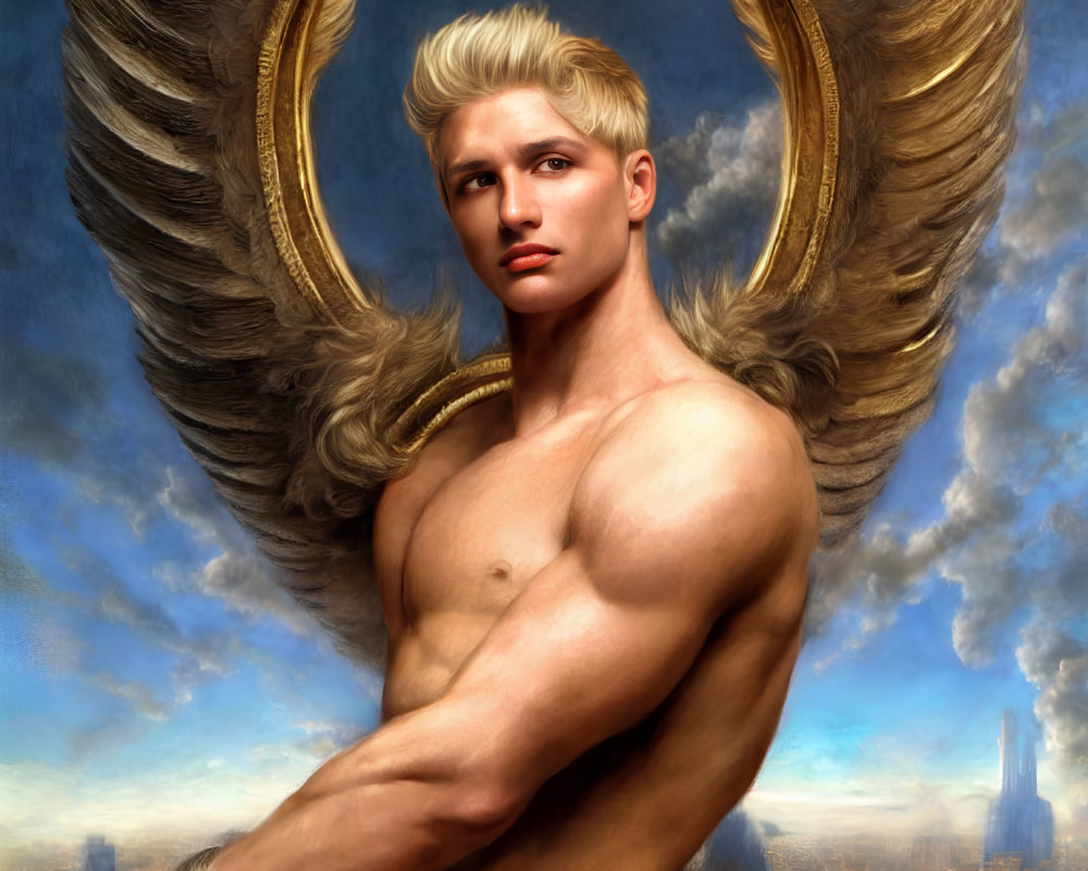 Blond Angelic Man with Muscles and Wings Over Cityscape