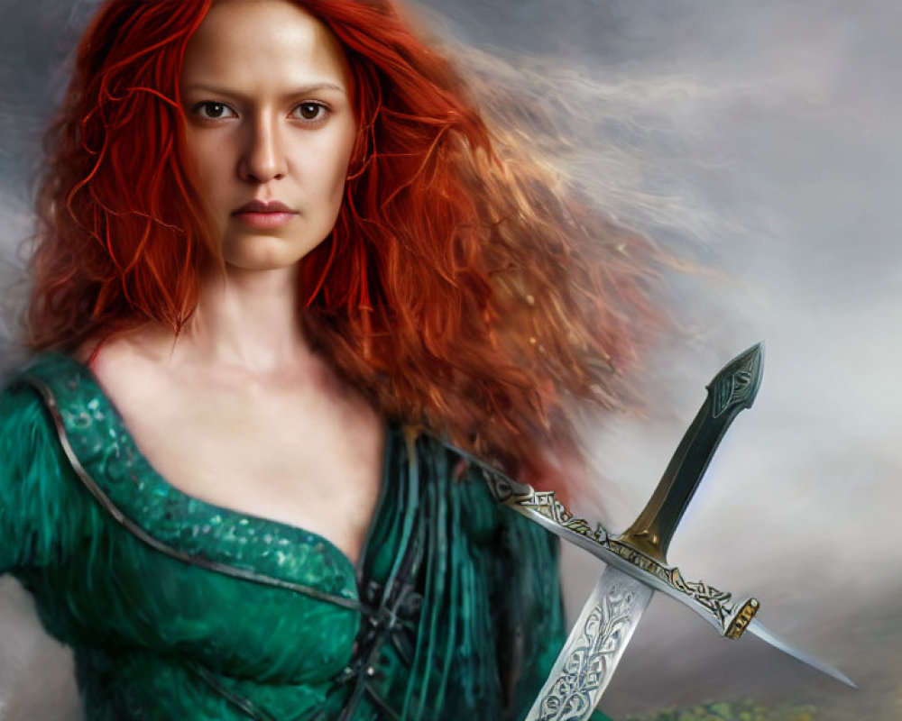 Vibrant red-haired woman in green medieval attire with sword under stormy sky