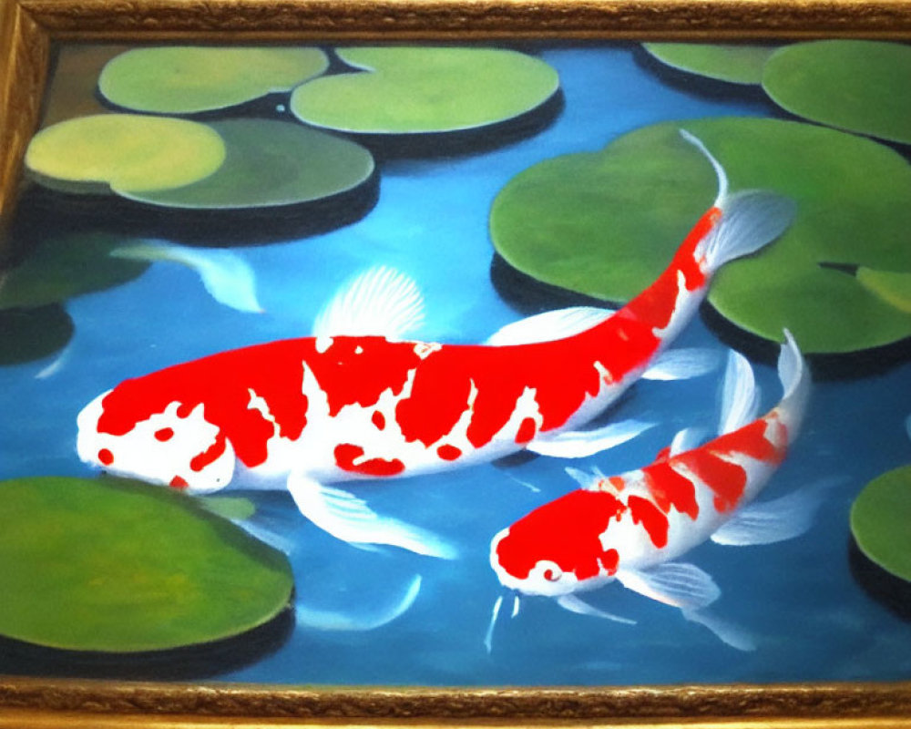 Vibrant koi fish swimming with lily pads in blue water, framed in gold