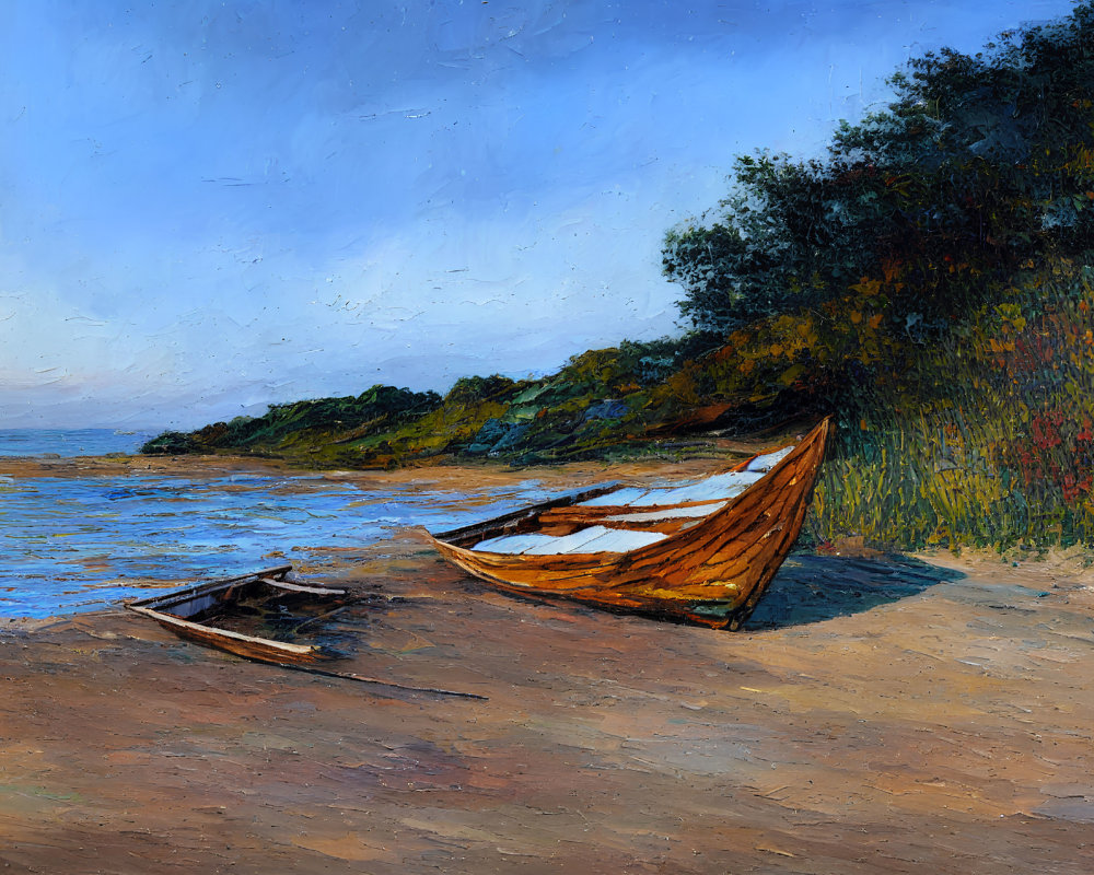 Tranquil beach scene with broken boat under vibrant blue sky