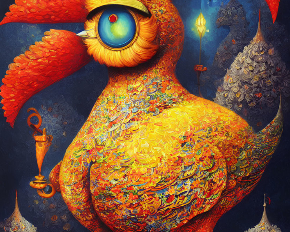 Colorful surreal artwork of a large, one-eyed feathered creature in a whimsical forest.