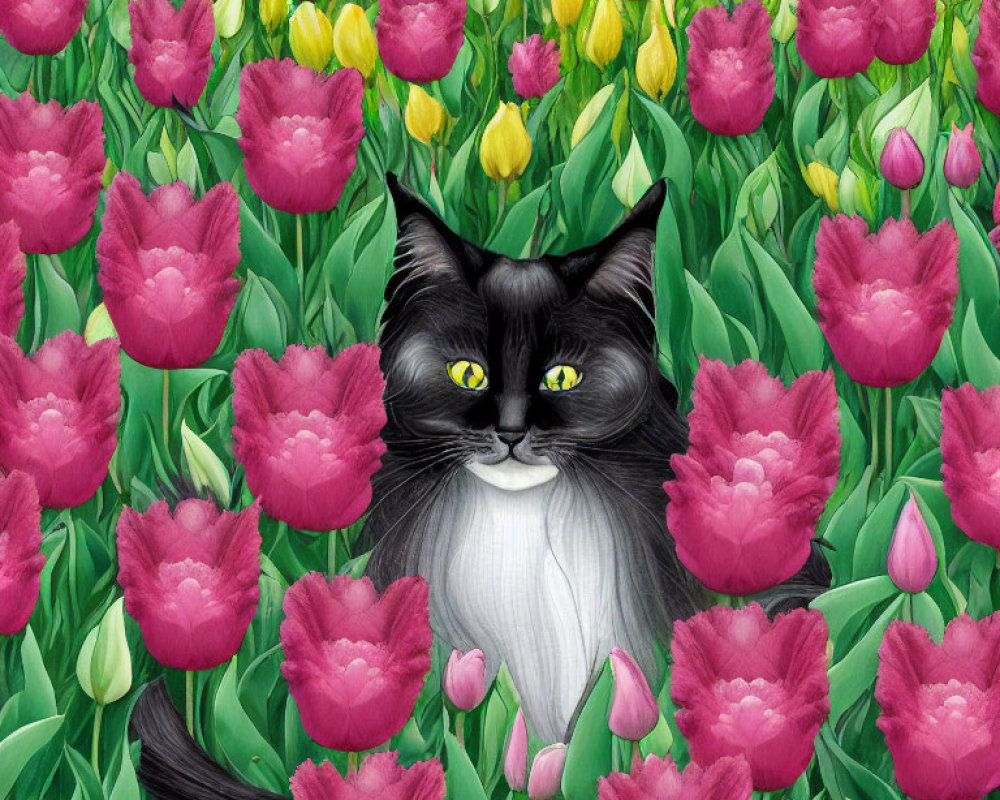 Black and White Cat with Yellow Eyes in Pink and Yellow Tulip Field