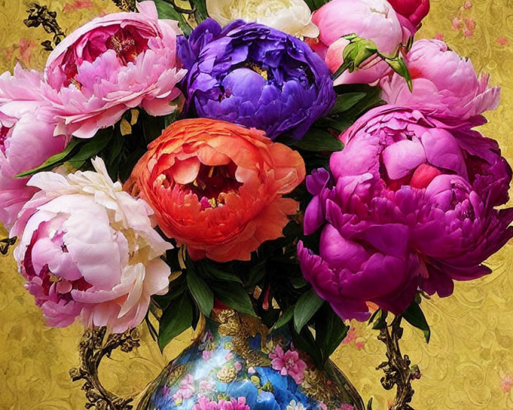 Colorful Peony Bouquet in Blue Vase on Gold Background