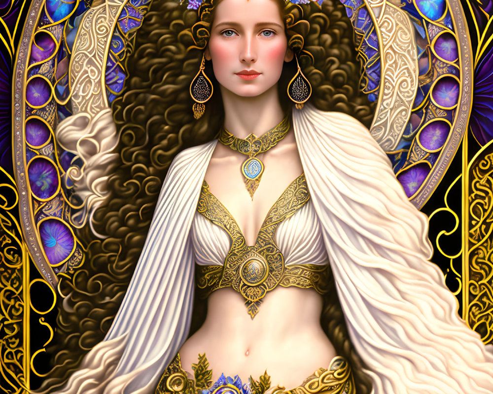 Ornate Golden Jewelry Woman in Mandala-Like Art