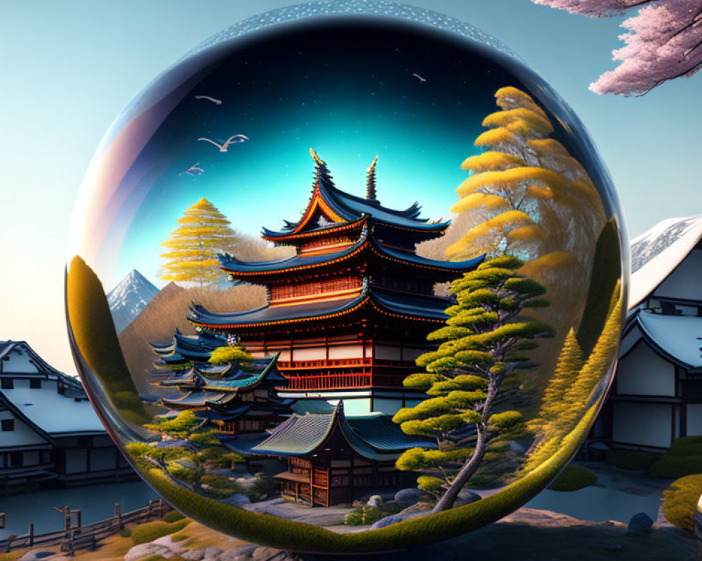 Surreal Japanese pagoda scene in transparent sphere under cosmic sky