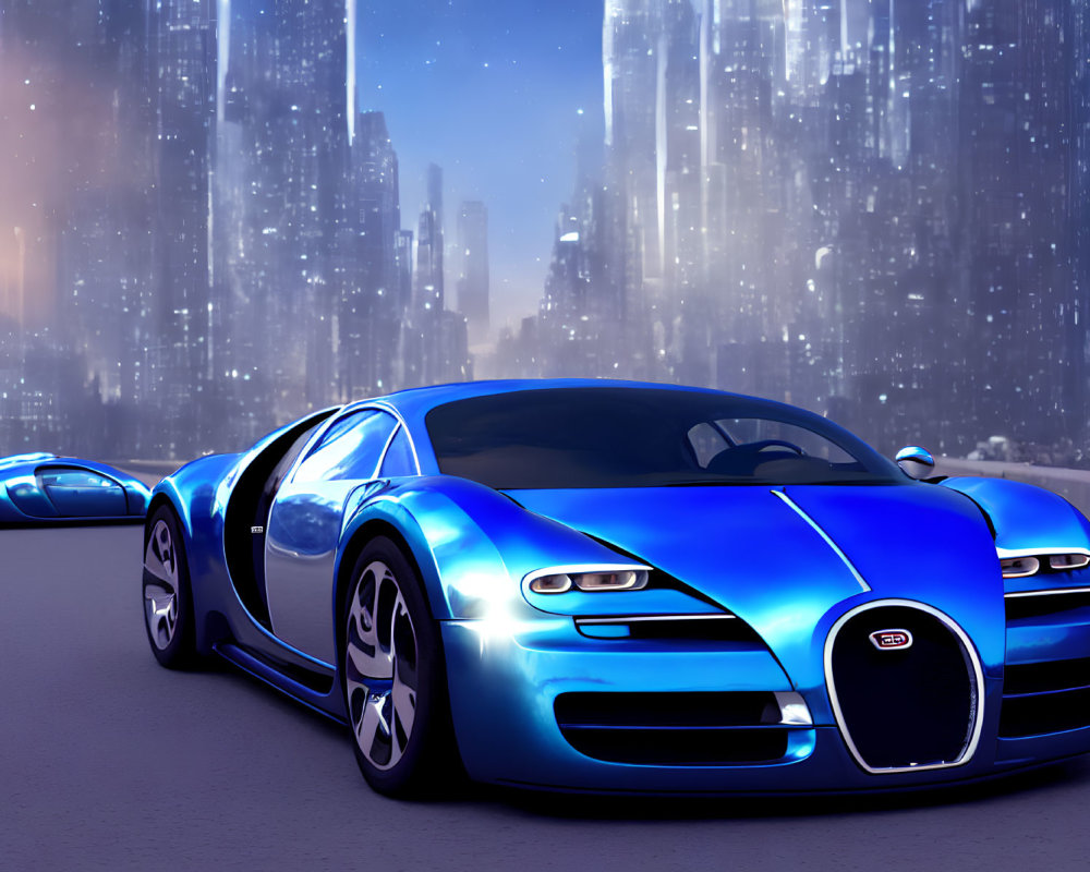 Blue Bugatti Veyron-like Sports Car on Futuristic City Road