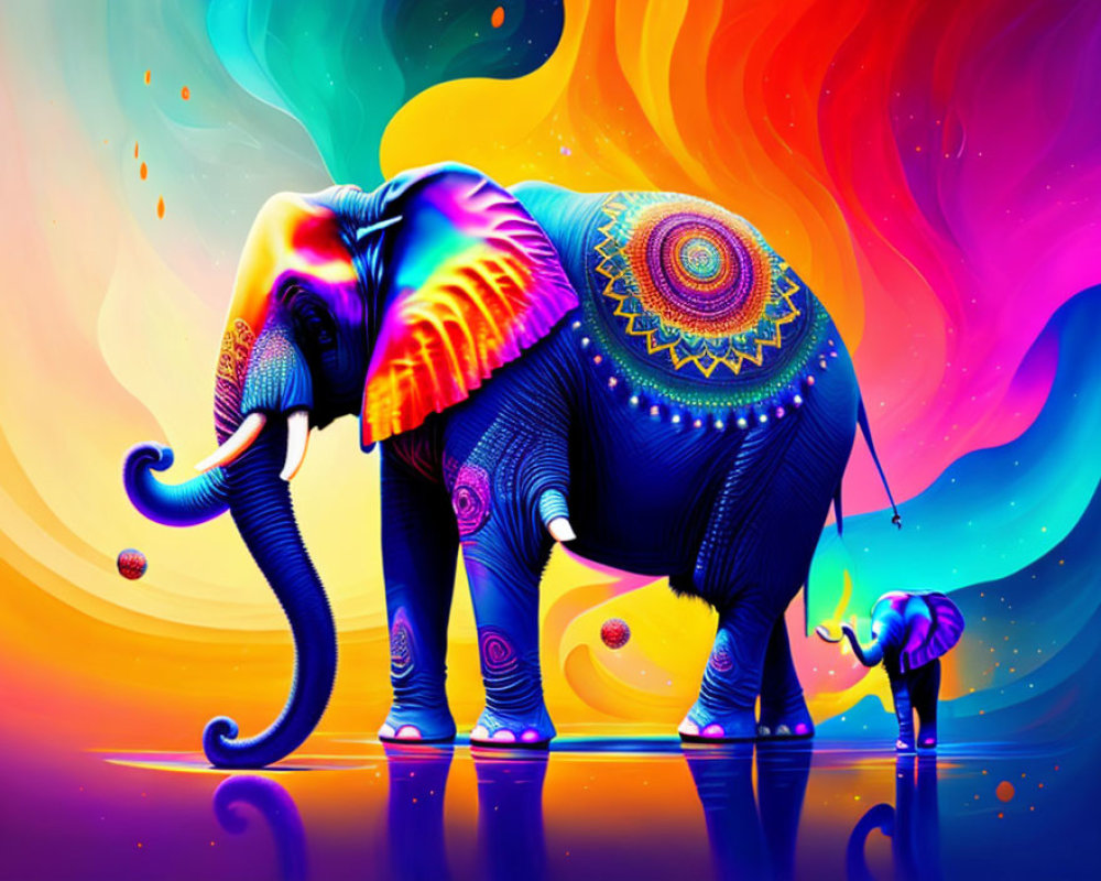Vibrant Digital Artwork: Adult Elephant and Calf with Cosmic Background