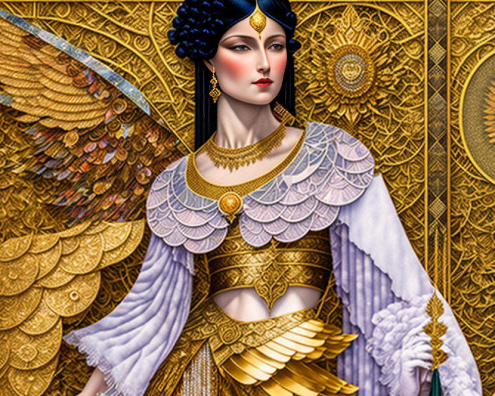 Digital art: Woman with golden wings in white and gold dress