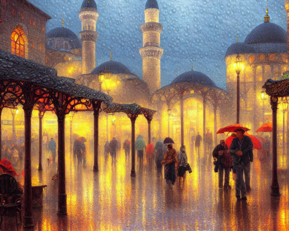 Vibrant evening rain scene at market near mosque with glowing lights and people with umbrellas.