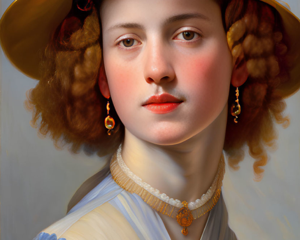 Portrait of woman with curly auburn hair in ornate hat & detailed attire