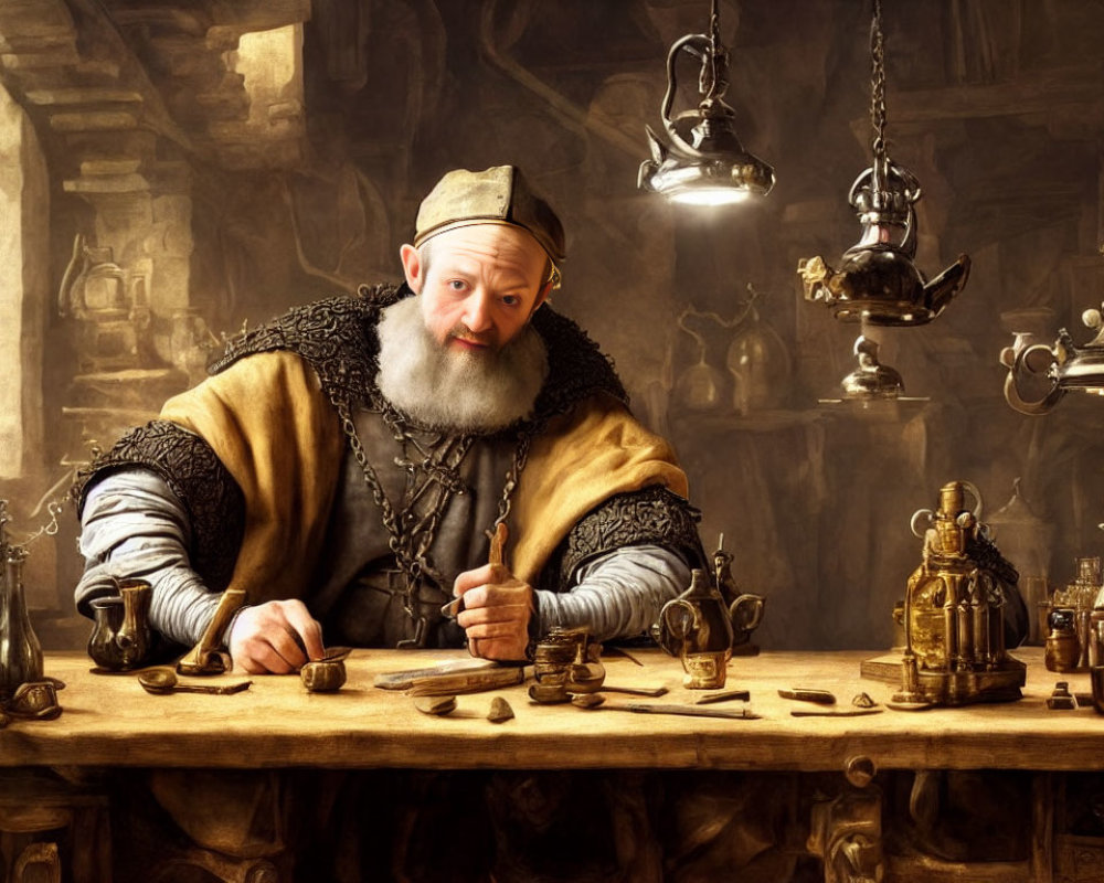 Renaissance man at table with chess pieces in rustic interior