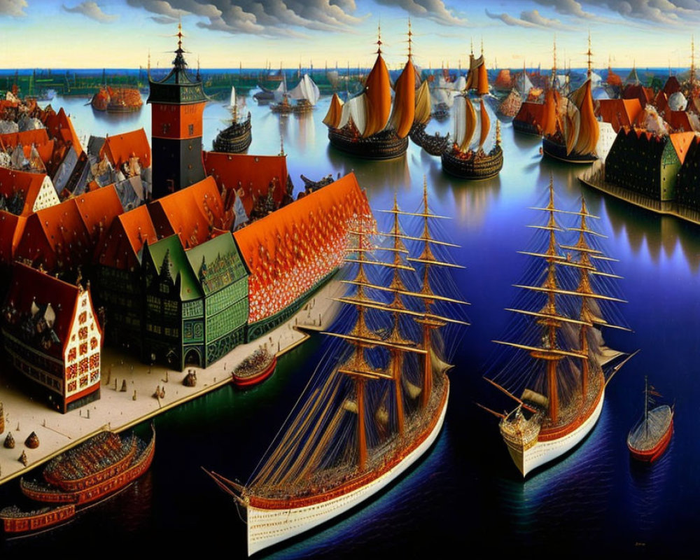 Historical port city painting with tall ships and blue sky