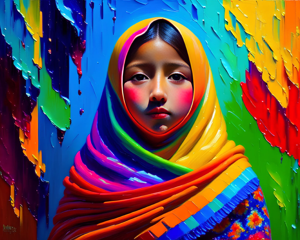 Colorful portrait of a girl with headscarf in vibrant rainbow setting